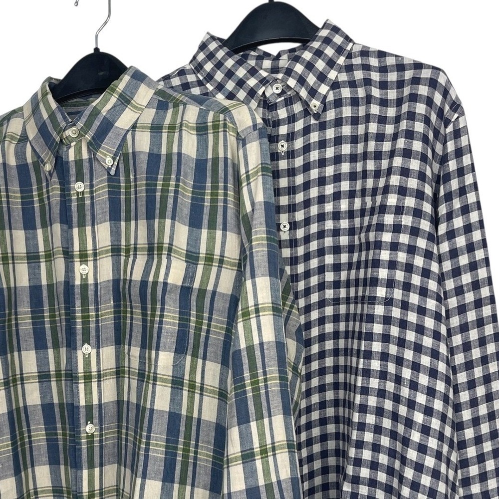 (LOT OF 2) Brooks Brothers LINEN Shirt XL‎ Regent Fit Gingham Plaid Navy Green